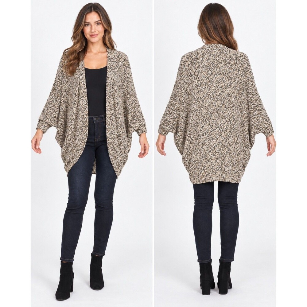 Mi Ami Women One Size Black White Herringbone Knit Open Front Dolman Cardigan